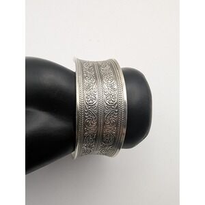 Vintage Ornate Silver Tone Wide Cuff Bracelet Engraved Floral Pattern Maker Mark